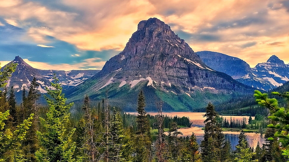 snow covered mountain, mountains, clouds, forest, cliff HD wallpaper
