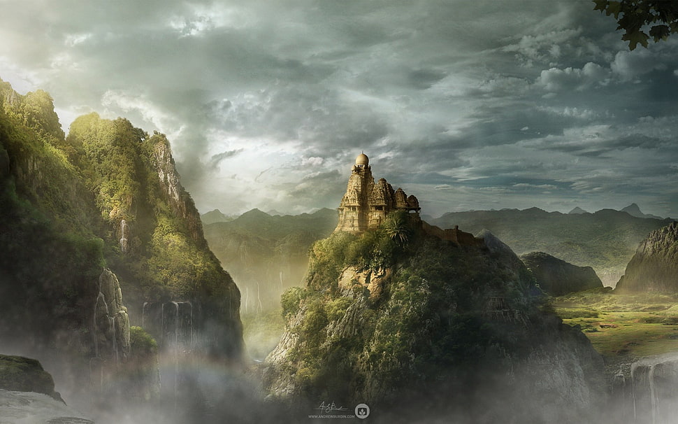 rock formations under gray clouds, digital art, artwork, fantasy art, landscape HD wallpaper