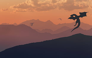 silhouette dragon illustration, dragon, fantasy art, landscape, mountains