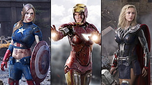 female parody of Iron Man, Thor, and Captain America HD wallpaper