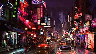 white vehicle, night, artwork, futuristic city, cyberpunk