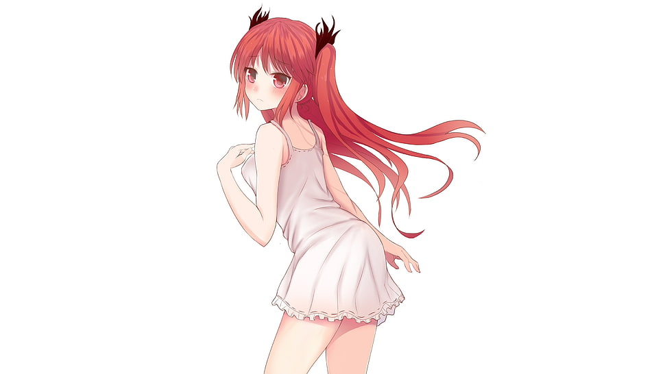 red-haired female anime character in white sleeveless mini dress digital wallpaper HD wallpaper