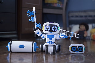 blue and white robot toy set HD wallpaper