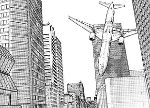 sketch of an airplane crashing to buildings, manga, monochrome, Ajin