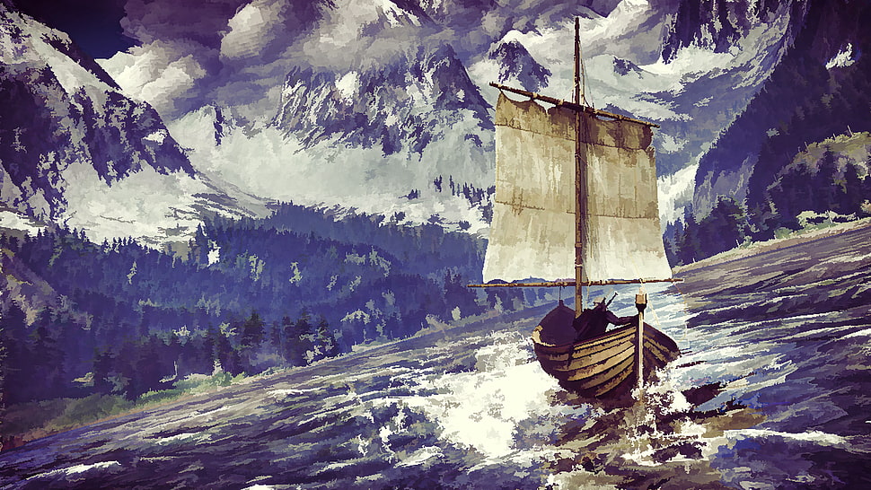 brown wooden boat on body of water digital art, The Witcher 3: Wild Hunt, video games, screen shot, painting HD wallpaper
