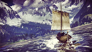 brown wooden boat on body of water digital art, The Witcher 3: Wild Hunt, video games, screen shot, painting