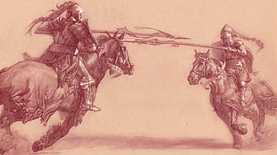 illustration of two men jousting, battle, lance, horse riding, horse