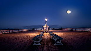 white wooden bench outdoor during full moon, sand, beach, night, pier