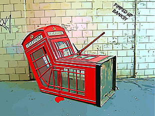 red and black telephone booth, digital art, Banksy, graffiti, London