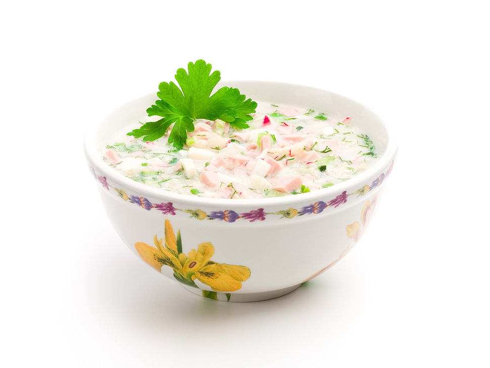 soup with meat and vegetable in ceramic floral bowl HD wallpaper