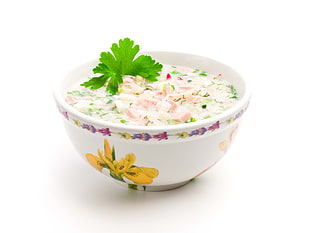 soup with meat and vegetable in ceramic floral bowl