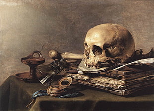white skull and book painting, vanitas, bones, skull, fantasy art
