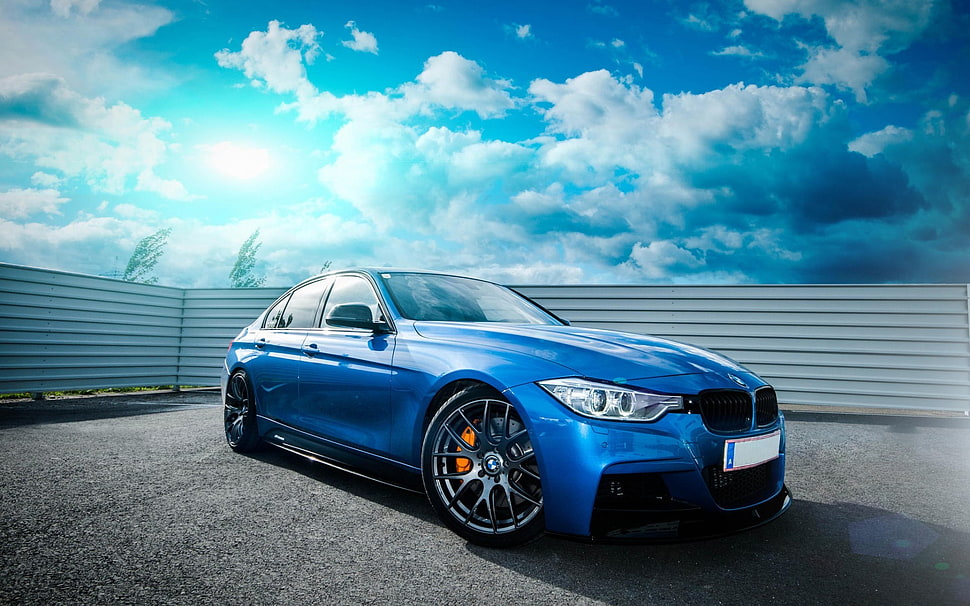 blue BMW sedan HD wallpaper
