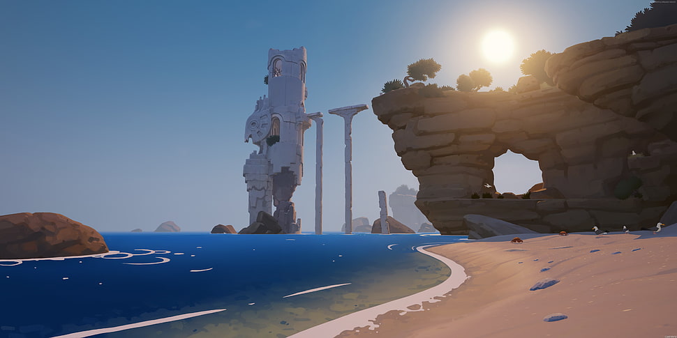 white and gray ruins by shore during daytime HD wallpaper