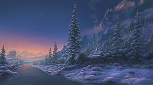 trees covered by snows, fantasy art, landscape