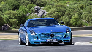 blue Mercedes-Benz coupe, Mercedes SLS, car, blue cars, vehicle