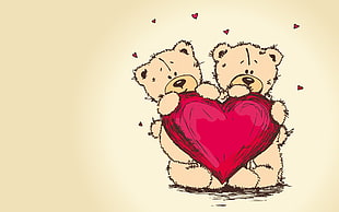 two bears holding pink heart illustration