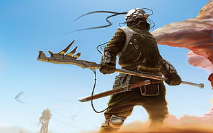 man holding weapon illustration, fantasy art HD wallpaper