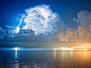 white clouds above body of water photo, lightning, clouds, storm, starry night HD wallpaper