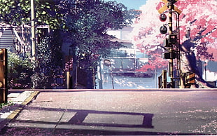 pink leafed tree, anime, landscape, 5 Centimeters Per Second, urban