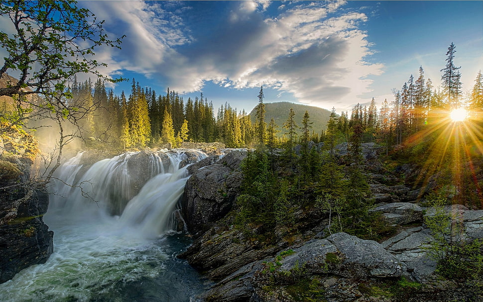 waterfall near trees at daytime, waterfall, sunset, river, forest HD wallpaper