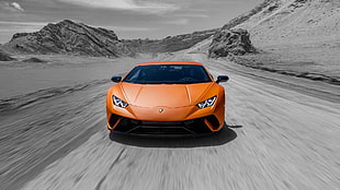 orange sports car, Lamborghini, Lamborghini Huracan Performante, italian cars, selective coloring