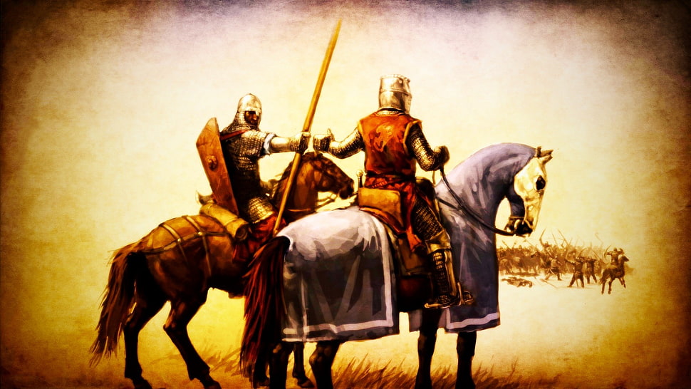 digital painting of two knights, medieval, knight, horse, battle HD wallpaper