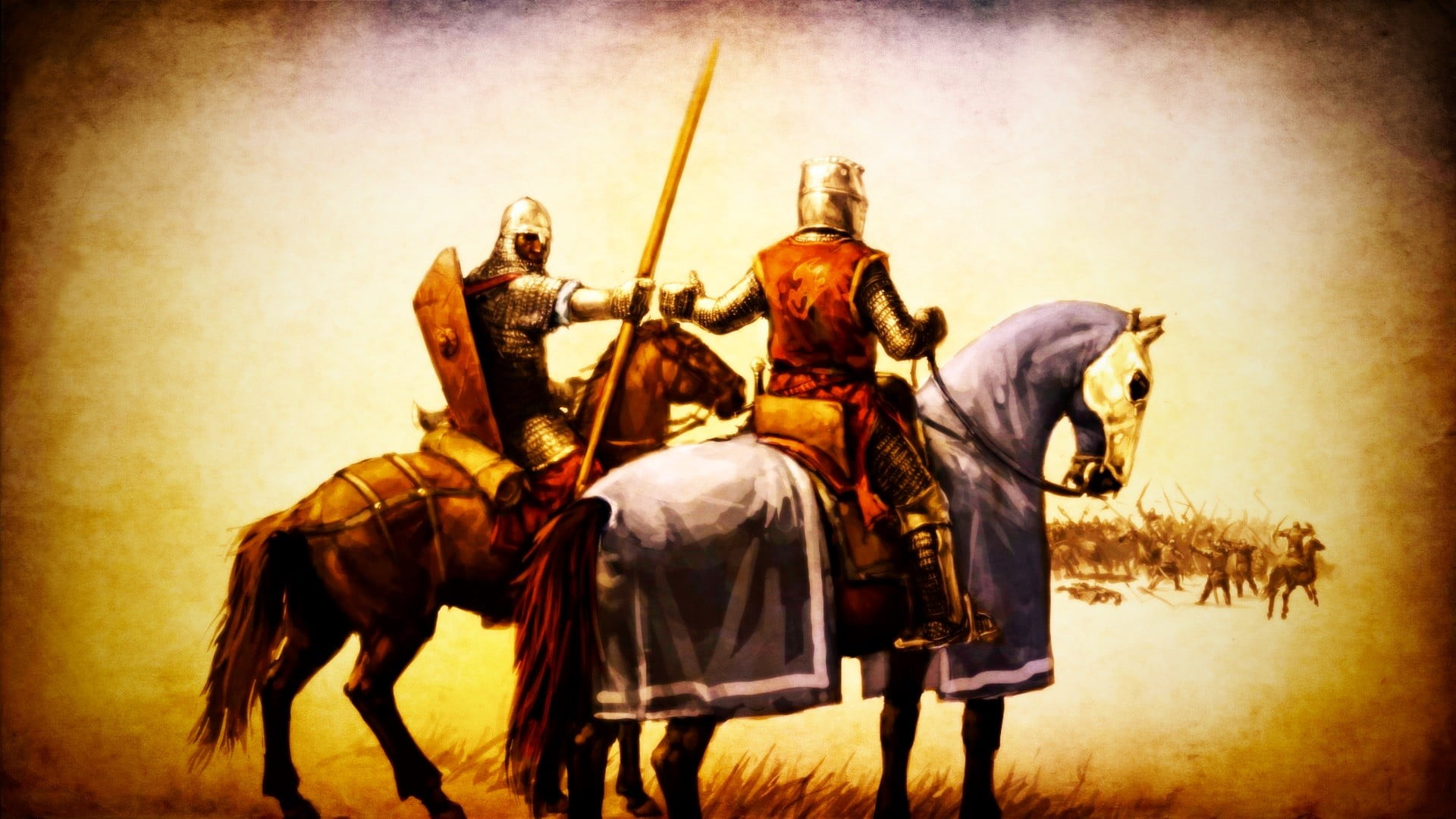 digital painting of two knights, medieval, knight, horse, battle