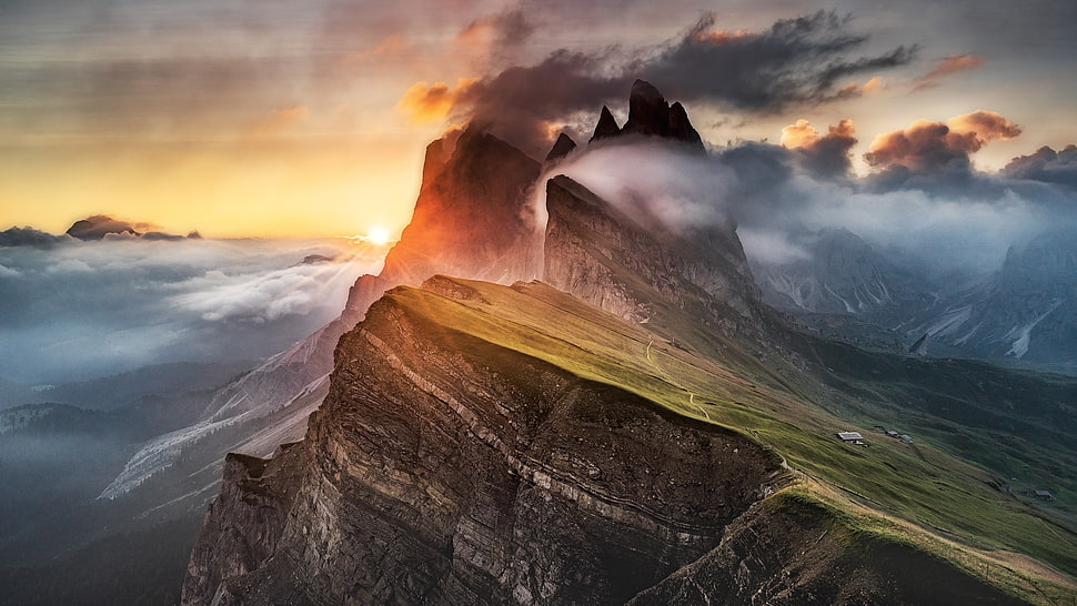 brown and black wooden table, mountains, clouds, sun rays, nature HD wallpaper