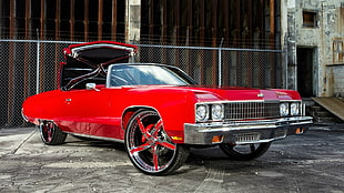 classic red convertible coupe, car, rims, red cars