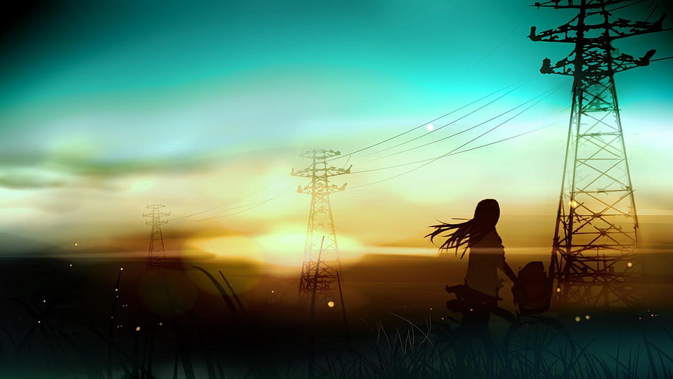 girl standing near utility tower digital wallpaper, anime, nature, sky, anime girls HD wallpaper