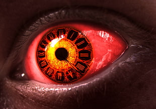 red eye, eyes, clocks, digital art, spooky HD wallpaper