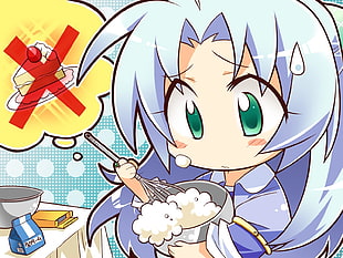 blue-haired anime character mixing flour in stainless steel bowl