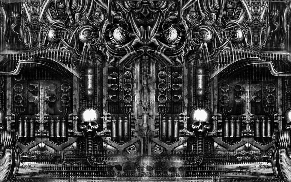 black door digital art, H. R. Giger, surreal, skull, artwork HD wallpaper