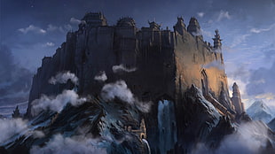 gray concrete castle digital wallpaper, fantasy art, artwork, clouds, mountains