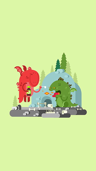 two red and green dragon illustration, minimalism, dragon, skull, fantasy art HD wallpaper