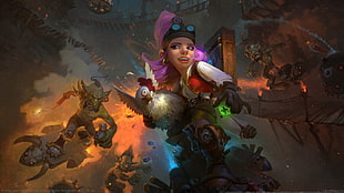 female cartoon character carrying chicken digital wallpaper, Hearthstone, Blizzard Entertainment, gnomes, Goblins