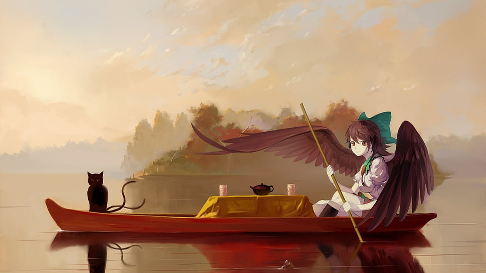 female angel in boat illustration, cat, boat, wings, river HD wallpaper