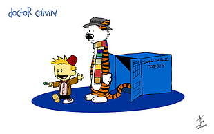 Doctor Calvin illustration, Calvin and Hobbes, comics, Doctor Who, simple background