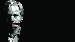 grayscale photography of man, Julian Assange, minimalism, flag, simple background
