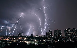 lightings, lightning, storm, city, nature HD wallpaper