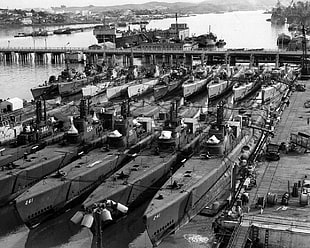 black and gray car engine bay, submarine, dock, vintage, military