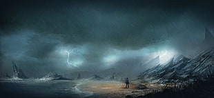 man on beachside during storm painting, storm, apocalyptic, digital art, futuristic HD wallpaper
