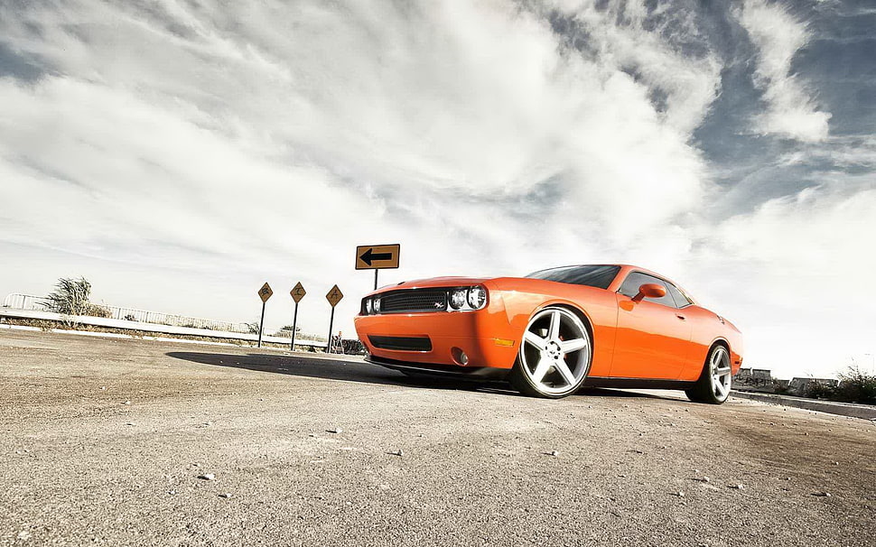 red Dodge coupe, car, muscle cars, Dodge Challenger SRT, red cars HD wallpaper