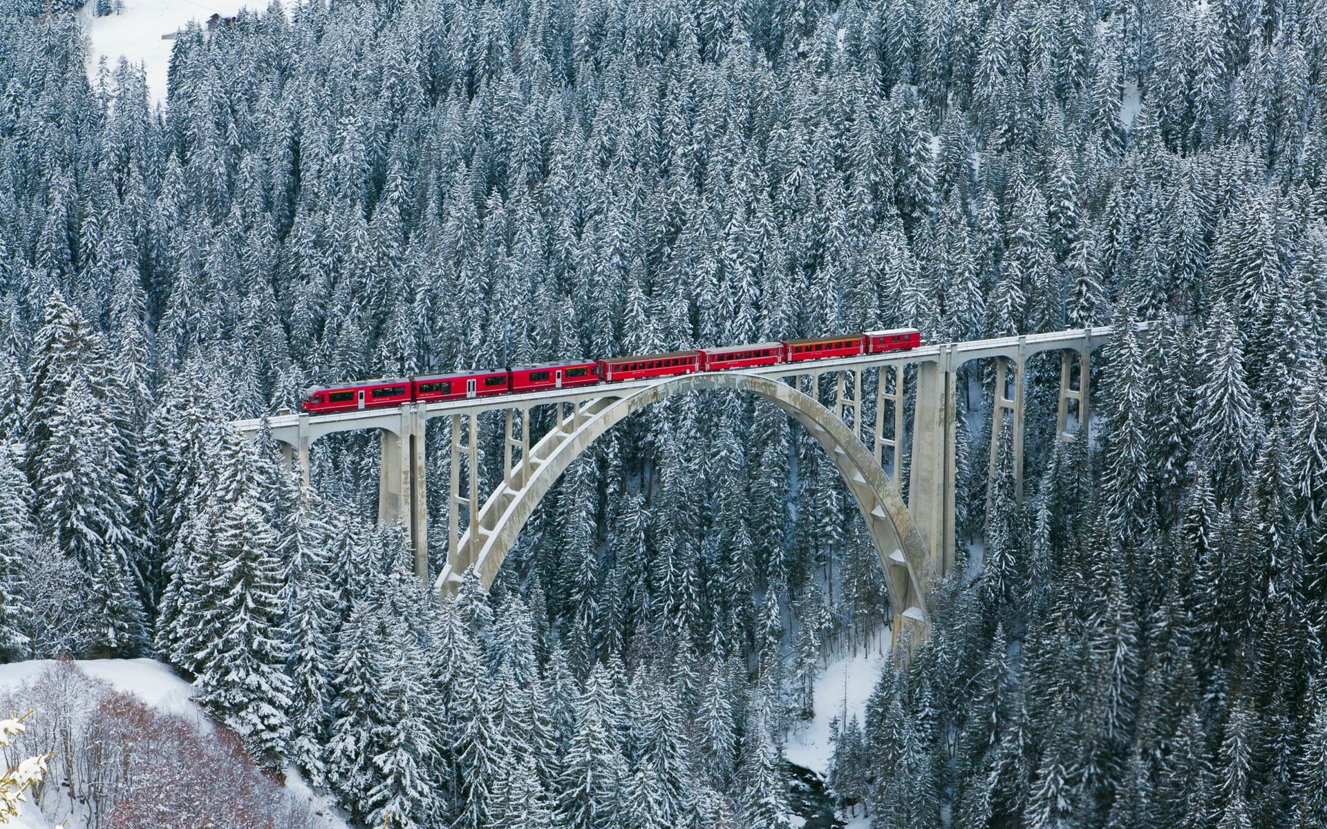 red train, nature, landscape, winter, bridge