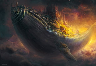 sky whale with citadel on back digital wallpaper, artwork, whale, fantasy art, clouds