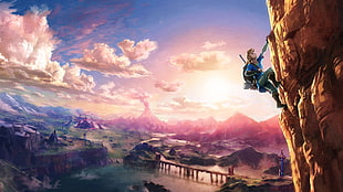 The Legend Of Zelda Link climbing on mountain digital wallpaper