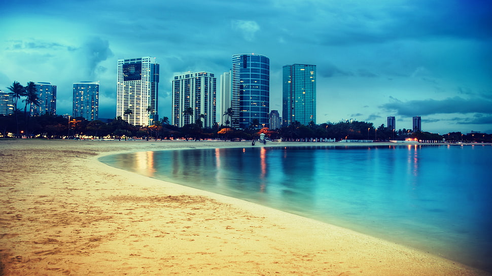 beach shore line, Miami, Miami Beach, lights, reflection HD wallpaper