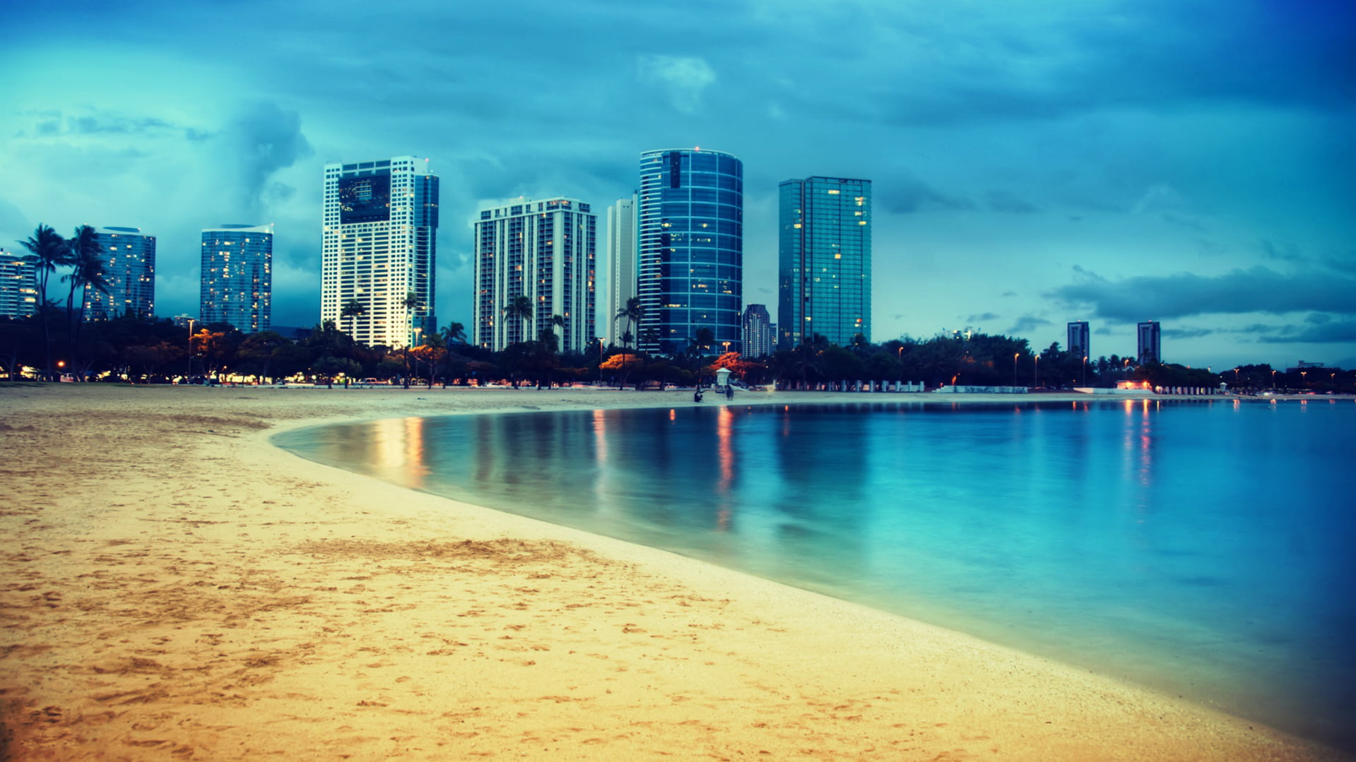 beach shore line, Miami, Miami Beach, lights, reflection