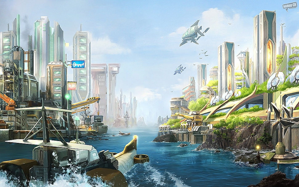 gray flying ships above body of water surrounded by skyscrapers animated illustration HD wallpaper